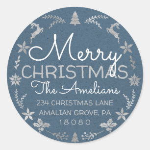 Sticker Rond Joyeux Noël Holly Wreath RSVP Kraft Blue