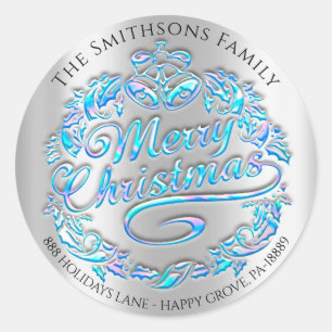 Sticker Rond Joyeux Noël Holly Wreath RSVP Silver Blue