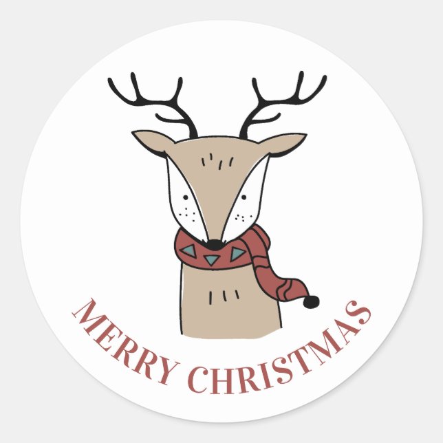 Sticker Rond Joyeux Noël. Joli cerf d'hiver. Animal drôle (Devant)
