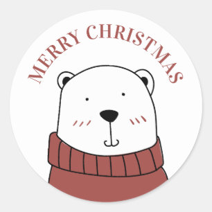 Sticker Rond Joyeux Noël. Joli ours d'hiver. Animal drôle