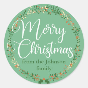 Sticker Rond Joyeux Noël jolie couronne verte cadeau personnali