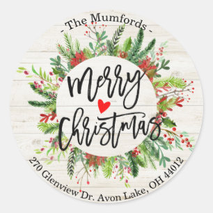 Sticker Rond Joyeux Noël Joyeux Holiday Holly Wreath Adresse