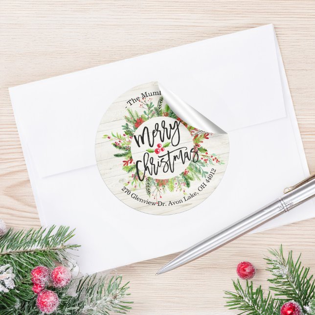 Sticker Rond Joyeux Noël Joyeux Holiday Holly Wreath Adresse (Créateur téléchargé)