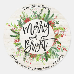 Sticker Rond Joyeux Noël Joyeux Holiday Holly Wreath Adresse