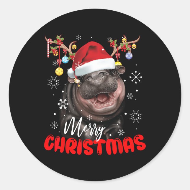 Sticker Rond Joyeux Noël Light Reindeer Moo Deng Santa Hat (Devant)