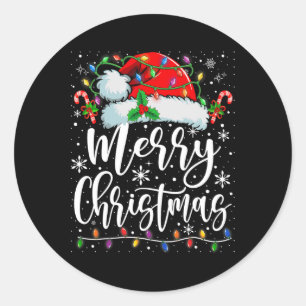 Sticker Rond Joyeux Noël Lumières Rouge Noël Chapeau Noël Famil