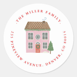 Sticker Rond Joyeux Noël Maison rose Adresse de retour 