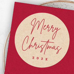Sticker Rond Joyeux Noël manuscrit écriture rouge Kraft look