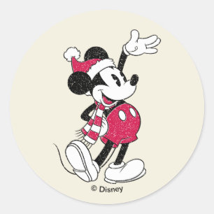 Sticker Rond Joyeux Noël Mickey Souris Vintage Père Noël