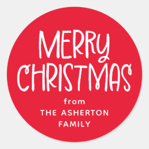Sticker Rond Joyeux Noël mignon amusant nom de famille rouge