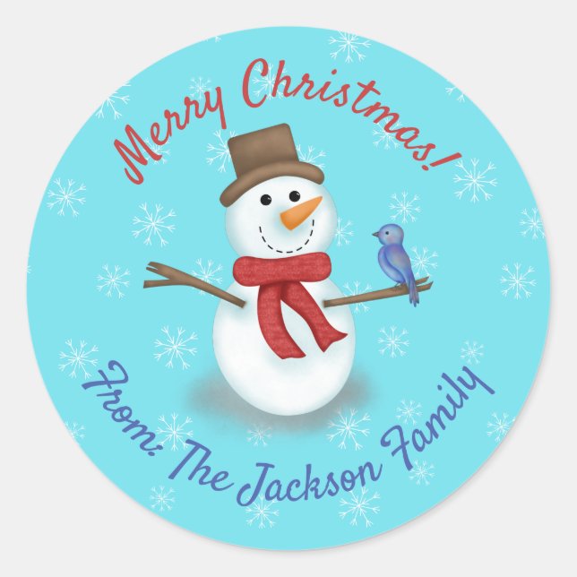 Sticker Rond Joyeux Noël mignon bonhomme de neige texte personn (Devant)