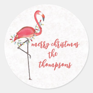 Sticker Rond Joyeux Noël mignon Flamant rose rose