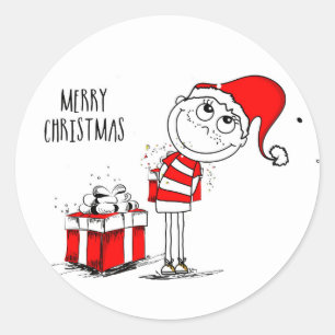 Sticker Rond Joyeux Noël mignon garçon et présent