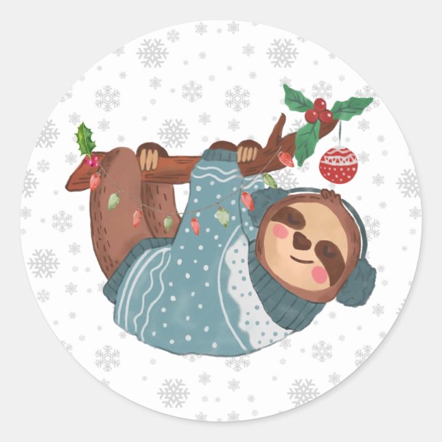 Sticker Rond Joyeux Noël mignon pendaison Sloth et Snowflakes (Devant)