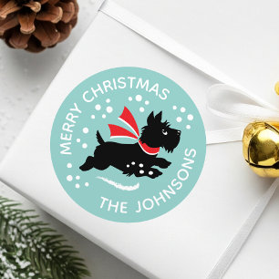 Sticker Rond Joyeux Noël mignon Scottie Chien Nom Monnaie
