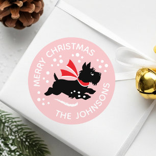 Sticker Rond Joyeux Noël mignon Scottie Chien Nom rose