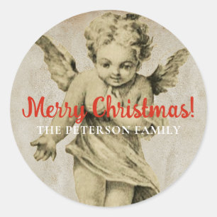 Sticker Rond Joyeux Noël mignon Vintage Cherub Angel Beige