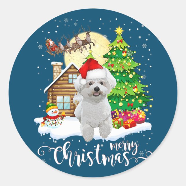 Sticker Rond Joyeux Noël mignonne Bichon Frise Père Noël avec N (Devant)