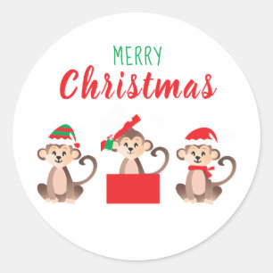 Sticker Rond Joyeux Noël Mignons singes Casquettes de Noël