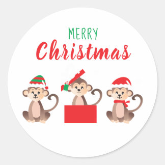 Sticker Rond Joyeux Noël Mignons singes Casquettes de Noël