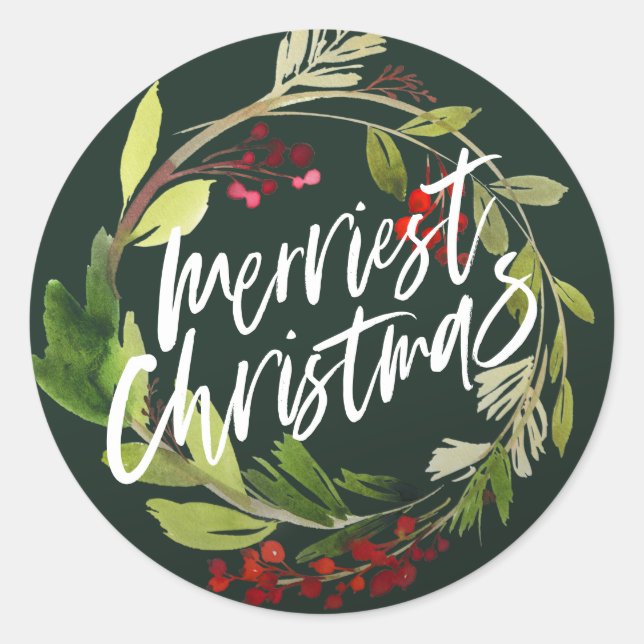 Sticker Rond Joyeux Noël moderne chic aquarelle feuillage (Devant)