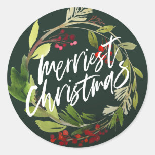 Sticker Rond Joyeux Noël moderne chic aquarelle feuillage