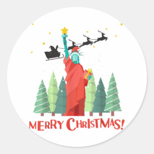 Sticker Rond Joyeux Noël New York Santa Claus Statue De Lib