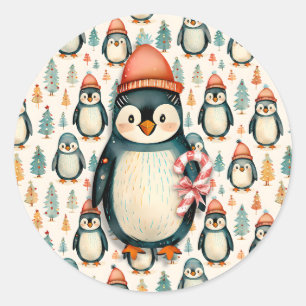 Sticker Rond Joyeux Noël   Noël des pingouins vintages