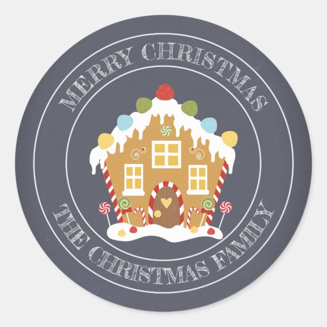 Sticker Rond Joyeux Noël Nom de famille Maison en pain d'épice (Devant)