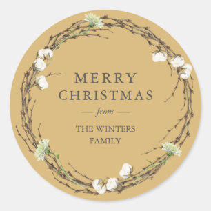 Sticker Rond Joyeux Noël Nom de famille Winter Greenery