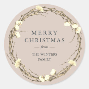 Sticker Rond Joyeux Noël Nom de famille Winter Greenery