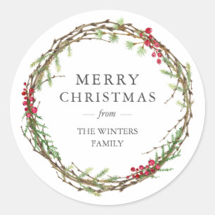 Sticker Rond Joyeux Noël Nom de famille Winter Greenery