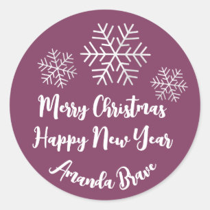 Sticker Rond Joyeux Noël Nom du script Snowflake Berry Pink