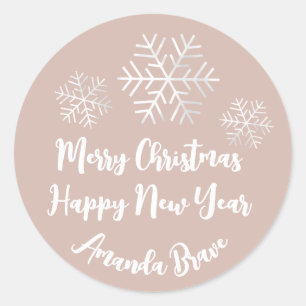 Sticker Rond Joyeux Noël Nom du script Snowflake Grey Rose