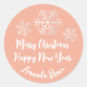 Sticker Rond Joyeux Noël Nom du script Snowflake Gris Pêche