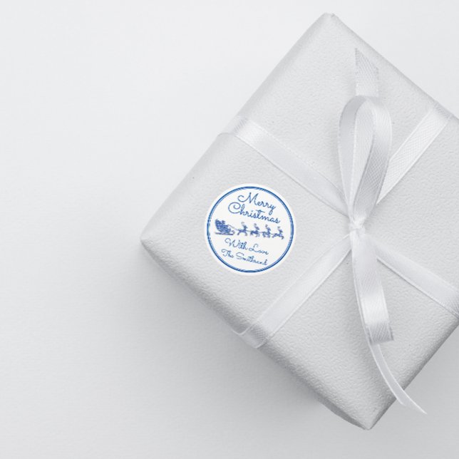 Sticker Rond Joyeux Noël Nom Grey Sleigh Père Noël Deer White (Merry Christmas Name Gray Sleigh Santa Deer White Classic Round Sticker)