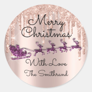 Sticker Rond Joyeux Noël Nom Rose Père Noël Sleigh Driple pourp