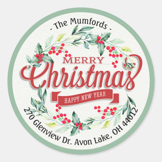 Sticker Rond Joyeux Noël Nouvel An Floral Red Berry Adresse (Devant)