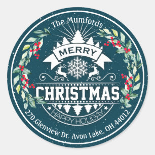 Sticker Rond Joyeux Noël Nouvel An Floral Red Berry Adresse