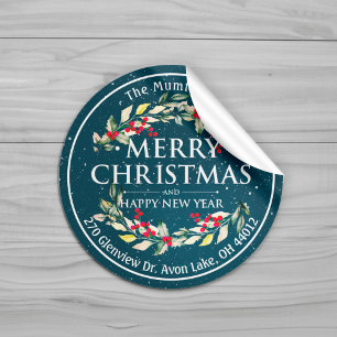 Sticker Rond Joyeux Noël Nouvel An Floral Red Berry Adresse