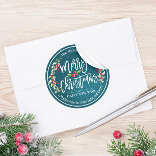 Sticker Rond Joyeux Noël Nouvel An Floral Red Berry Adresse