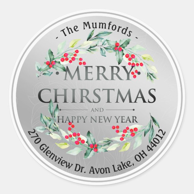 Sticker Rond Joyeux Noël Nouvel An Floral Red Berry Adresse (Devant)