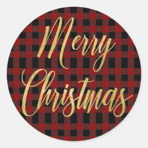 Sticker Rond Joyeux Noël Or Rouge Noir Tartan Plaid