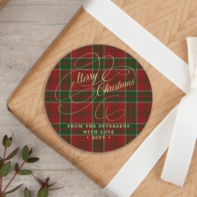 Sticker Rond Joyeux Noël or script rouge vert plaid tartan (Créateur téléchargé)