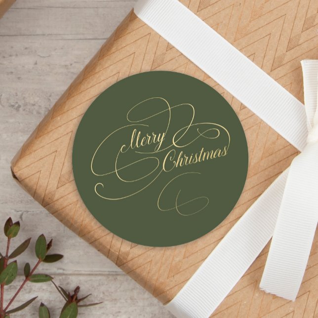 Sticker Rond Joyeux Noël or vert élégant script (Créateur téléchargé)