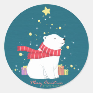 Sticker Rond Joyeux Noël : Ours Polaire Illustration Art