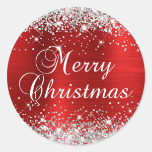 Sticker Rond Joyeux Noël pailleté argent et rouge