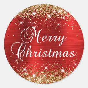 Sticker Rond Joyeux Noël pailleté or et rouge feuille d'alumini