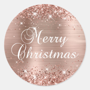 Sticker Rond Joyeux Noël pailleté or rose métallisé