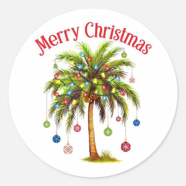 Sticker Rond Joyeux Noël Palm Tree Light Hawaiian Tropical (Devant)